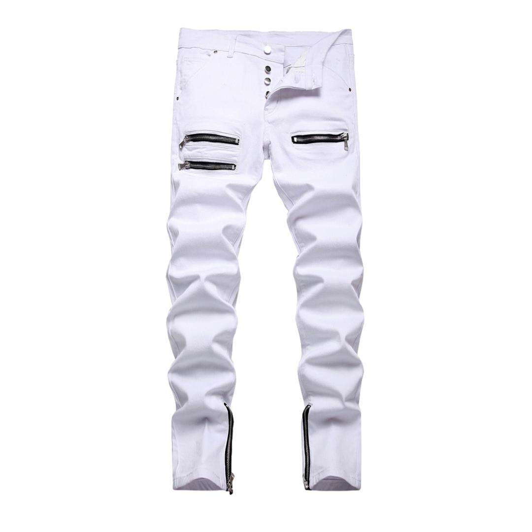 Monochrome white jeans with zippers