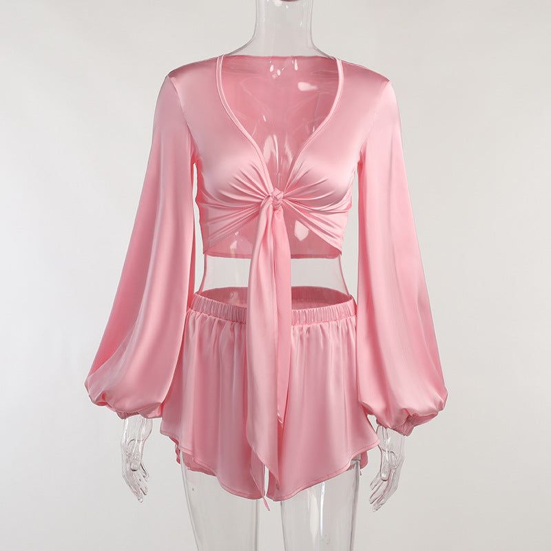 Pretty In Pink Satin Tie Up Crop Top & Shorts Set