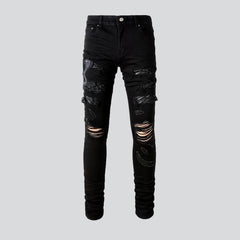 Snake embroidery ripped men jeans