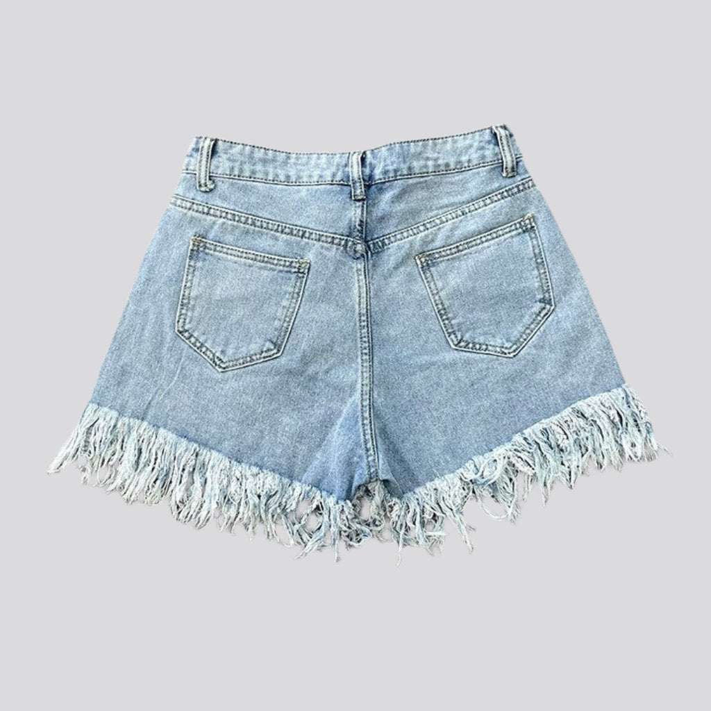 Fringe hem rhinestone denim shorts