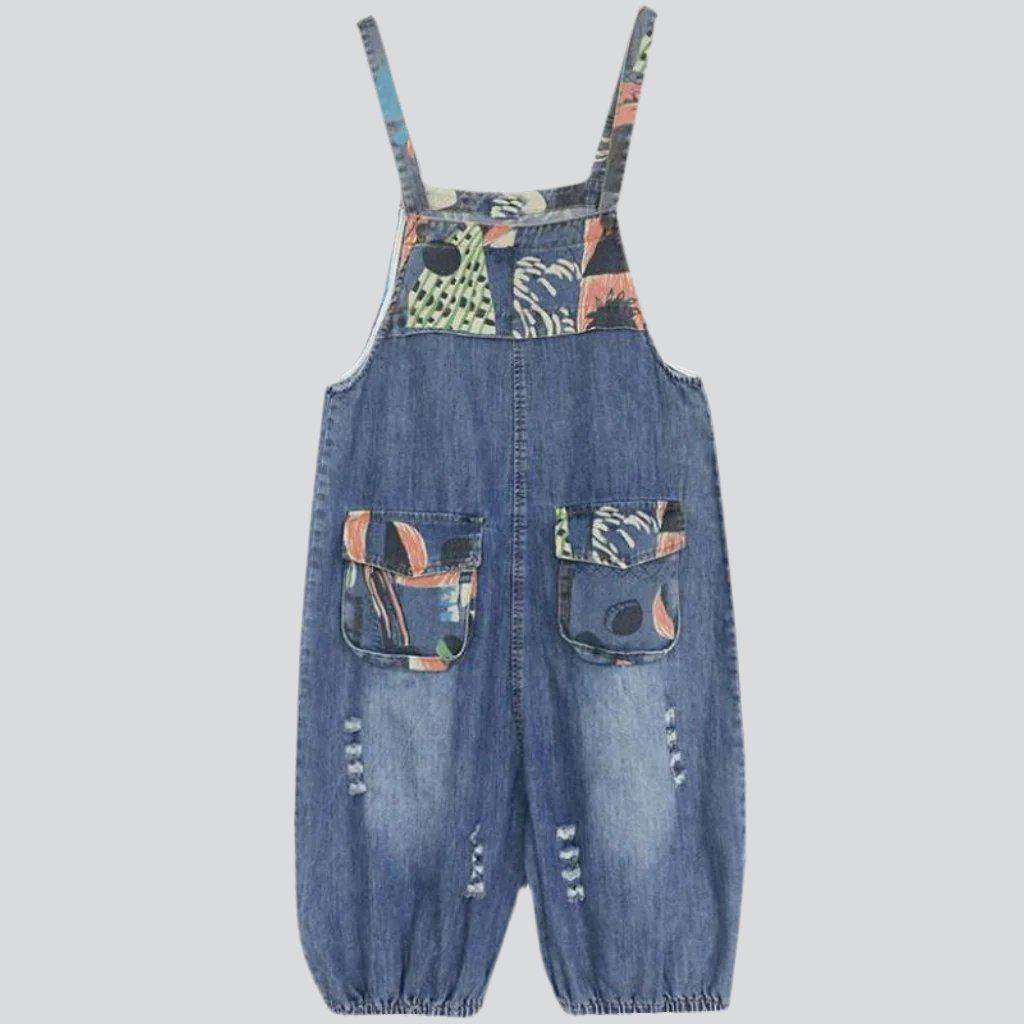 Color block print denim romper