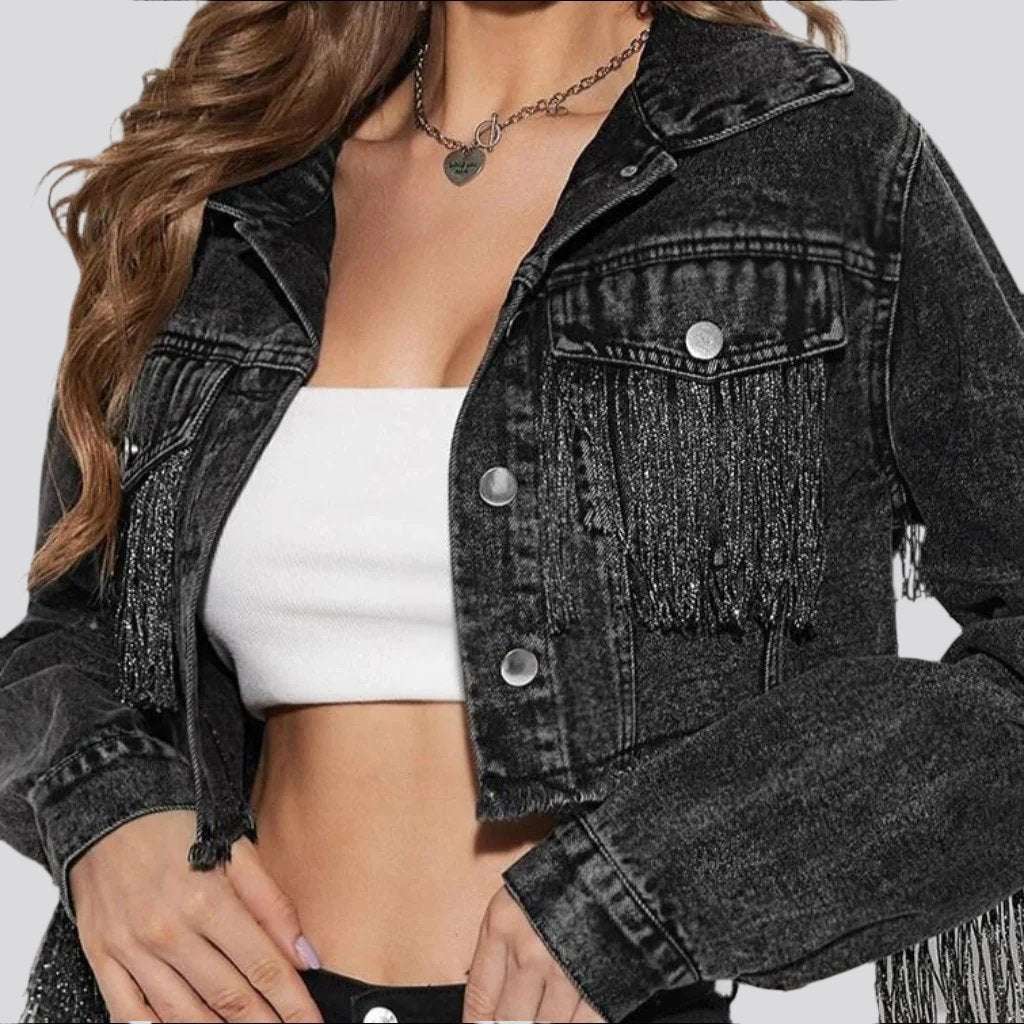 Fringe cropped women denim jacket