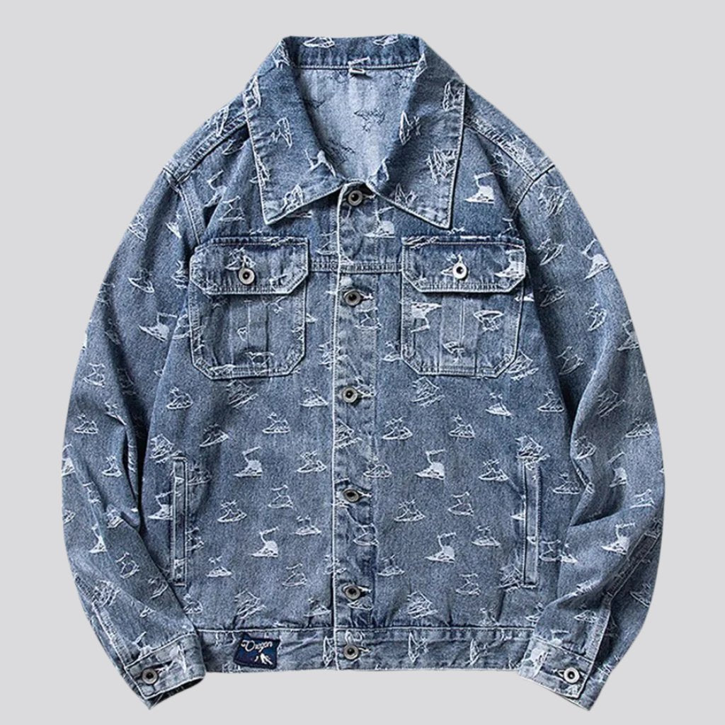 Ornament print men jean jacket