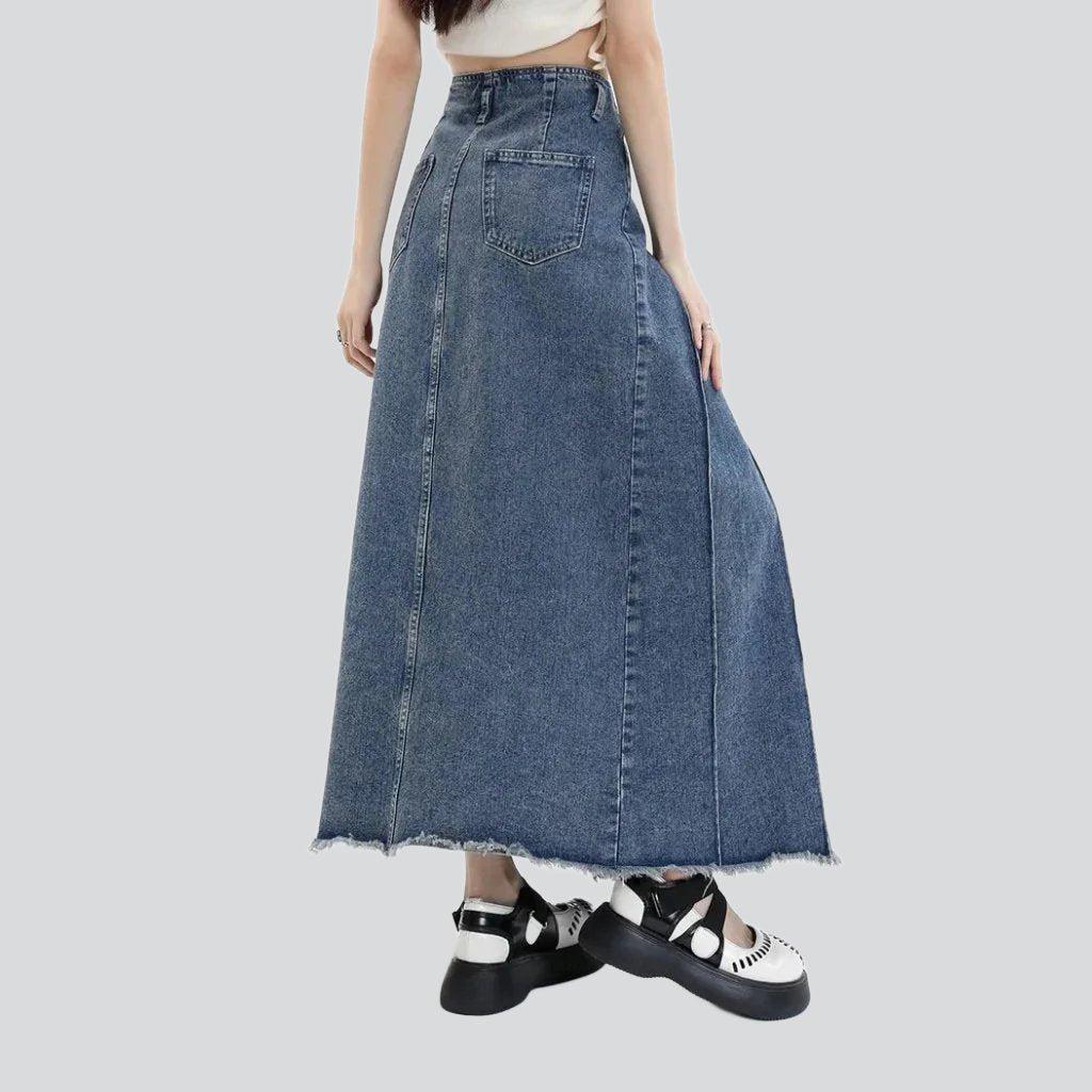 Raw hem pleated denim skirt