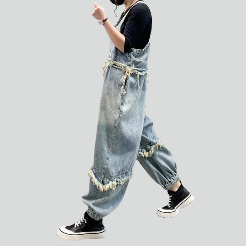 Distressed vintage patchwork denim jumpsuit