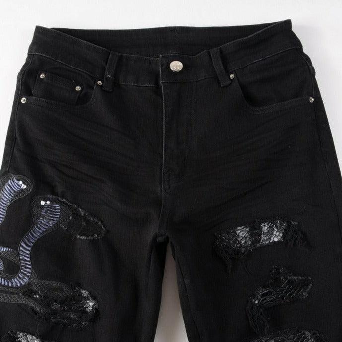 Snake embroidery ripped men jeans