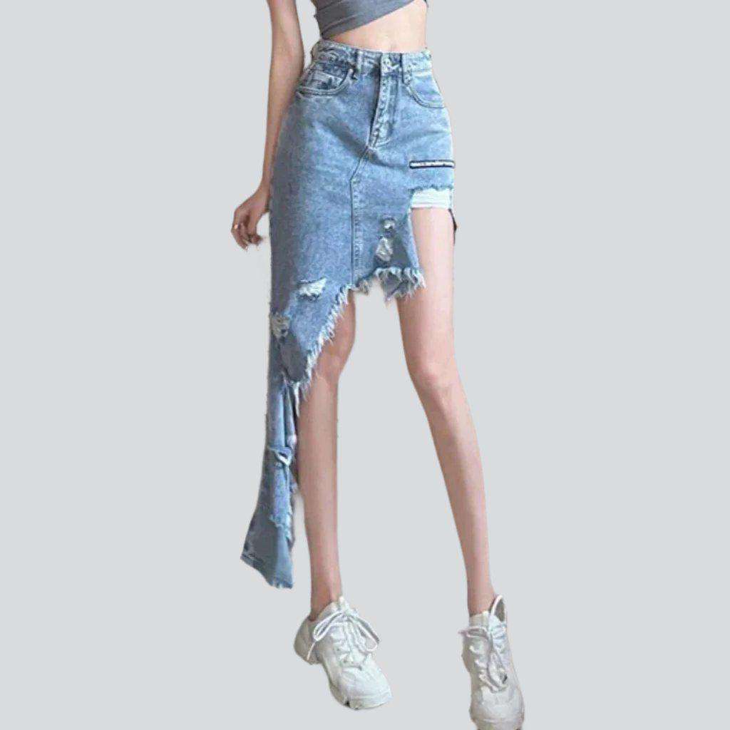 Long asymmetric hem denim skirt