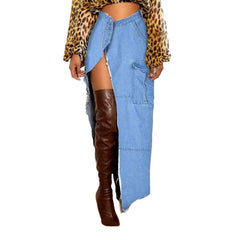 Distressed high slit denim skirt