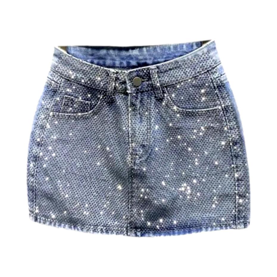 Rhinestone embellished color denim skirt