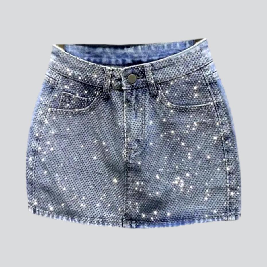 Rhinestone embellished color denim skirt