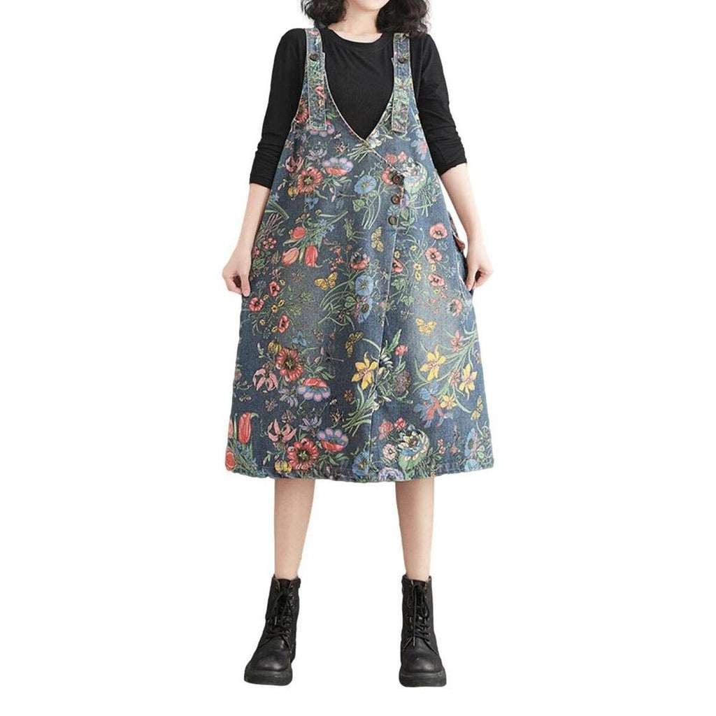 Flower-painted urban denim dress