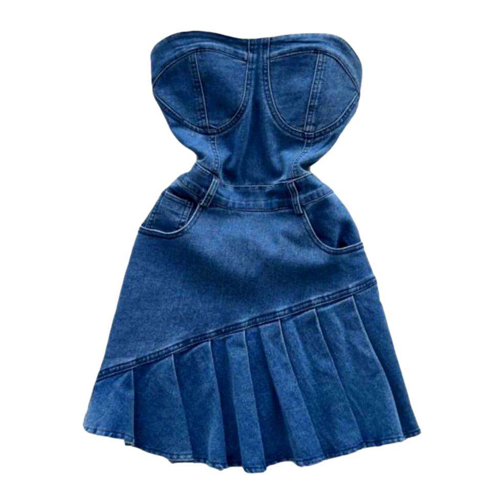 Asymmetric pleated strapless denim dress