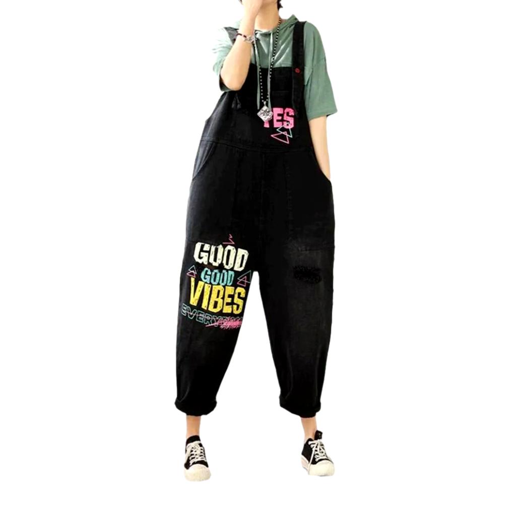 Graffiti print baggy denim jumpsuit