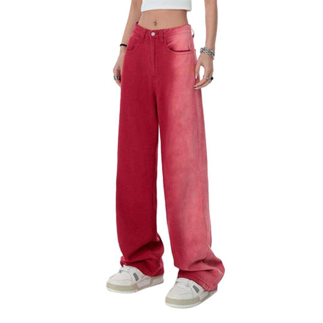 Contrast red women baggy jeans