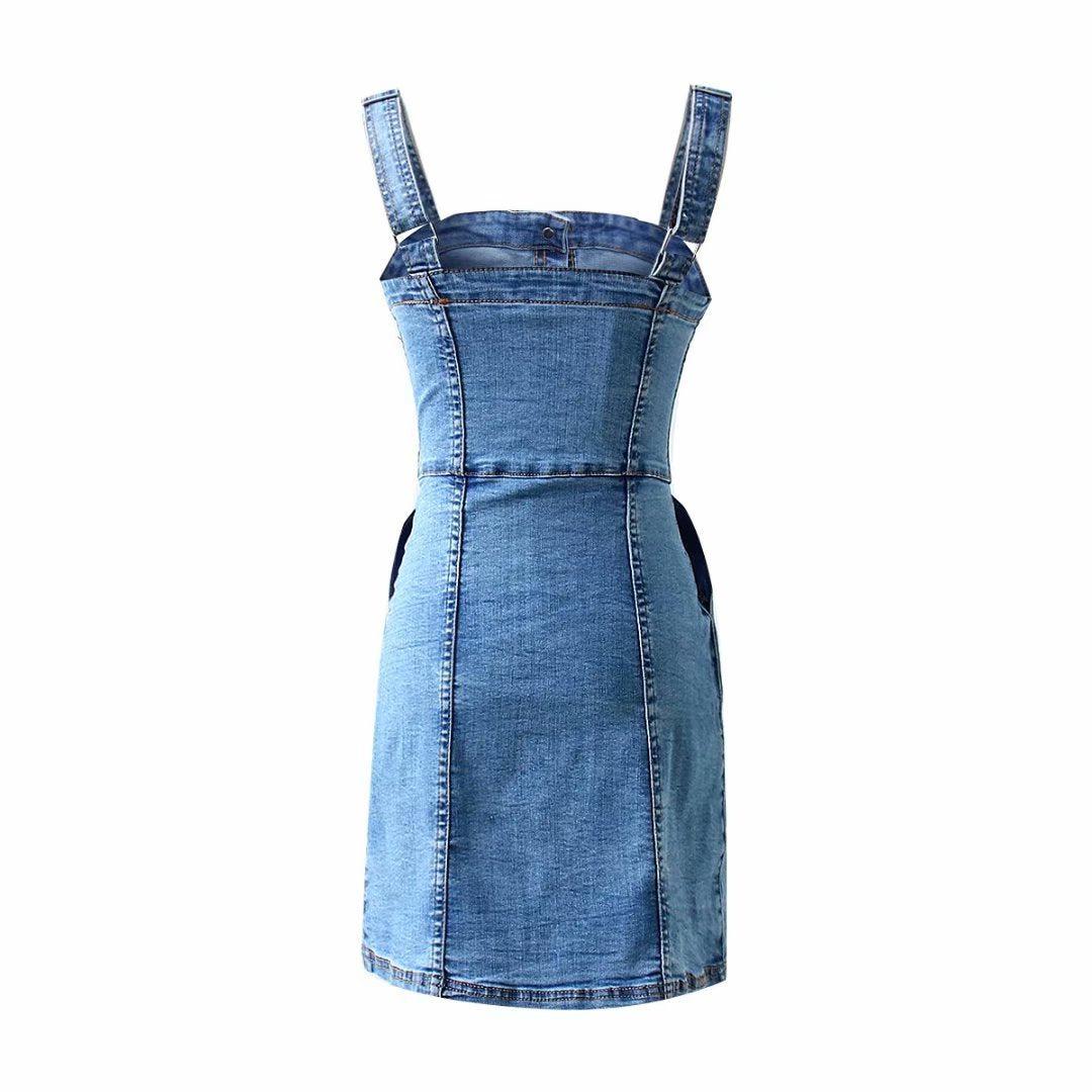 Sleeveless buttoned mini denim dress