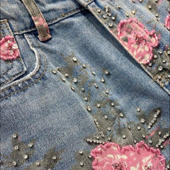 Rose print rhinestone denim shorts