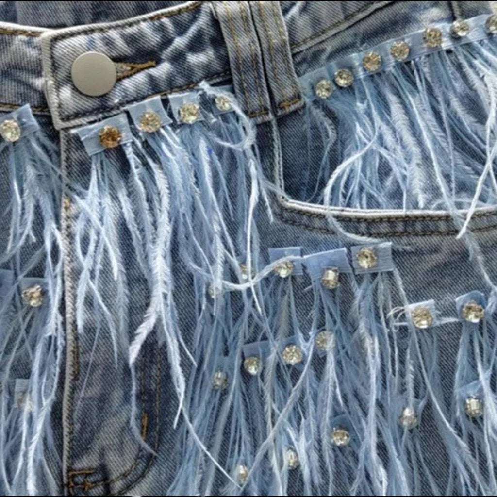 Embellished fringe distressed denim shorts