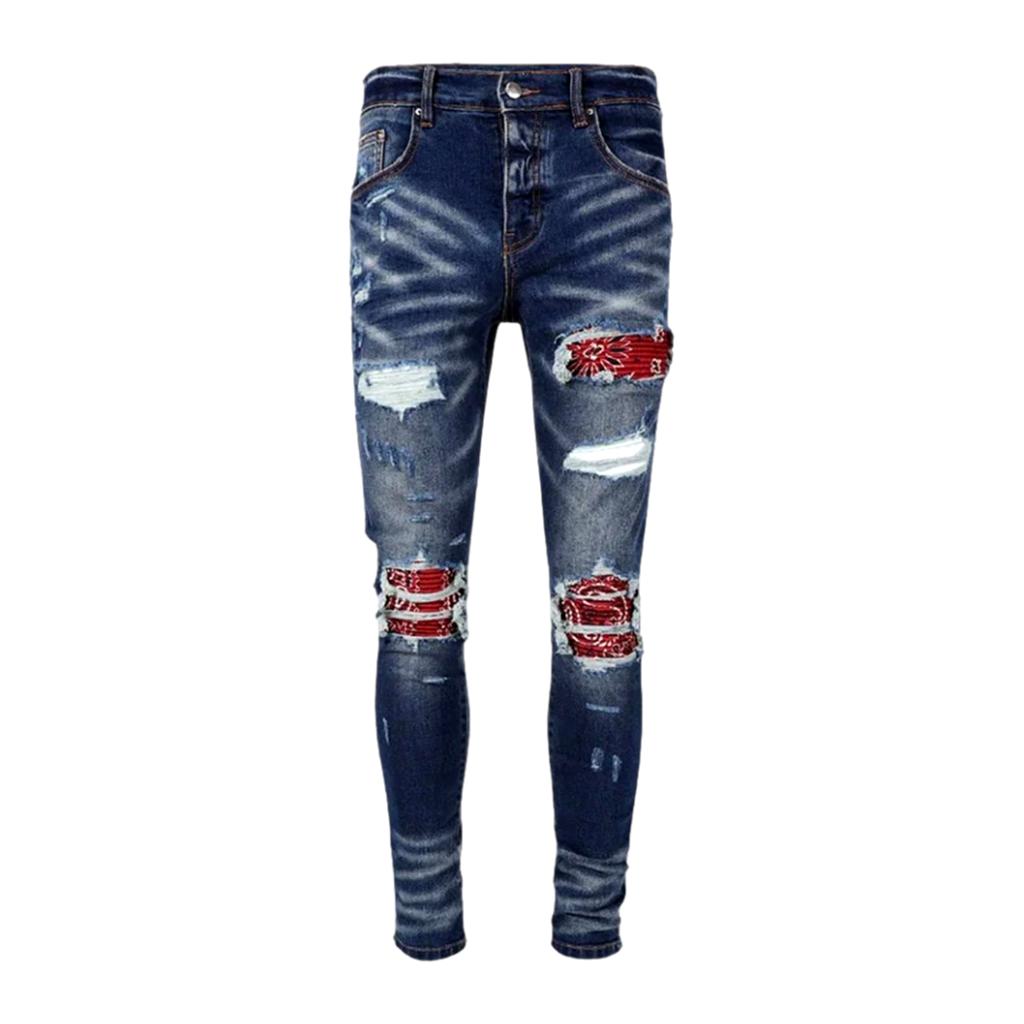 Red patch distressed men jeans