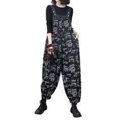 Handwriting printed women denim overall