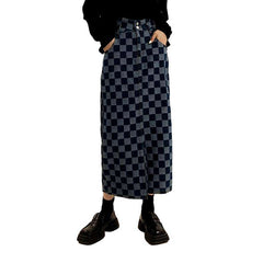 Checkered long denim skirt