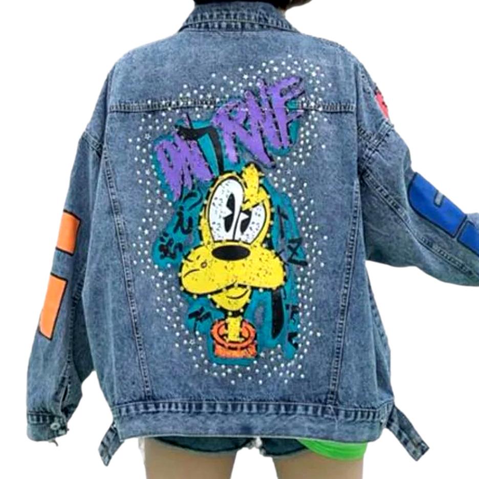 Jeansjacke mit Cartoon-Stickerei für Damen