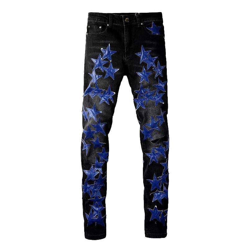 Blue star embroidery black jeans