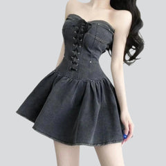 Retro grey strapless denim dress