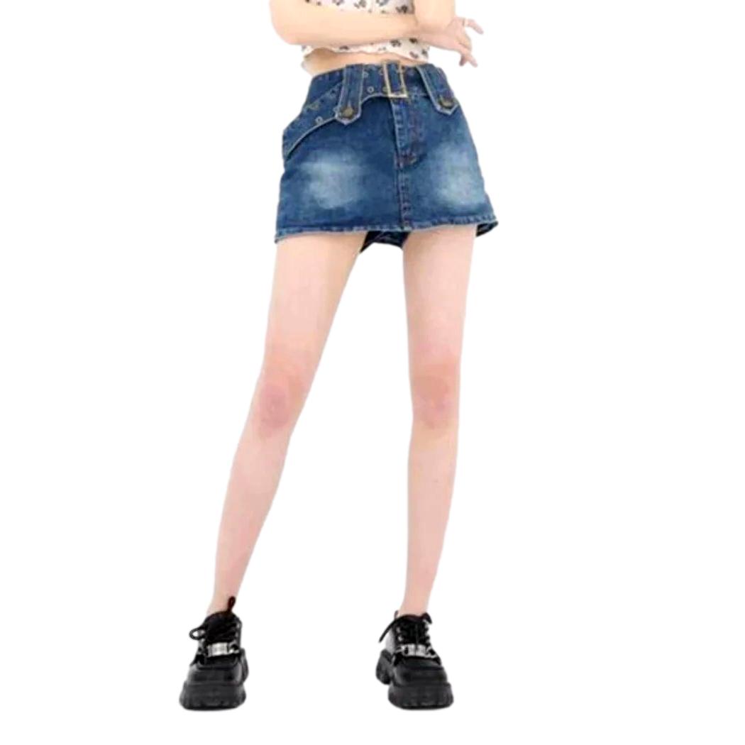 Wide belt short denim skirt