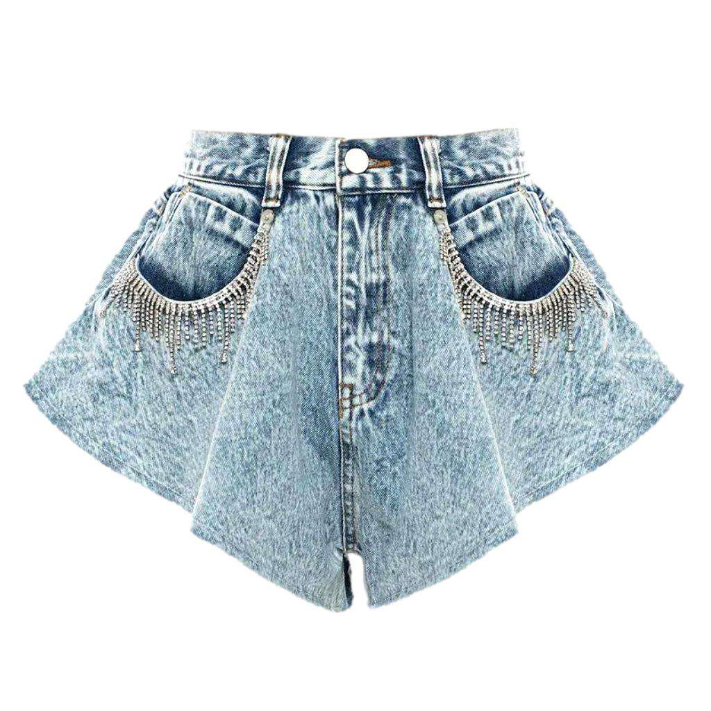 Flared wide-leg denim shorts