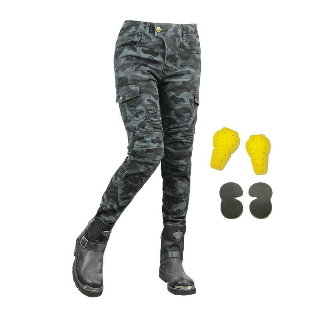 Graue Camouflage-Bikerjeans für Damen