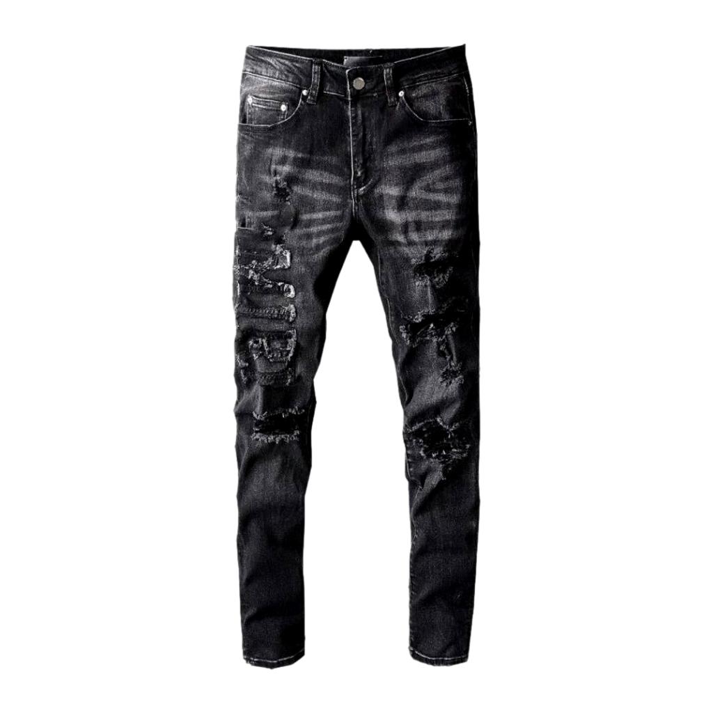 Whiskered distressed black men jeans