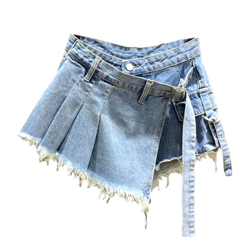 Asymmetric pleated mini denim skort  - Light Blue