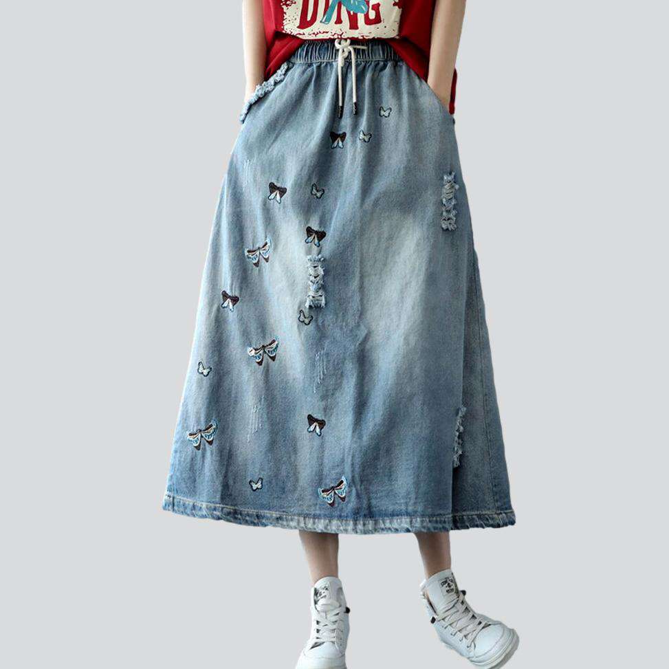 Butterfly embroidery long jeans skirt