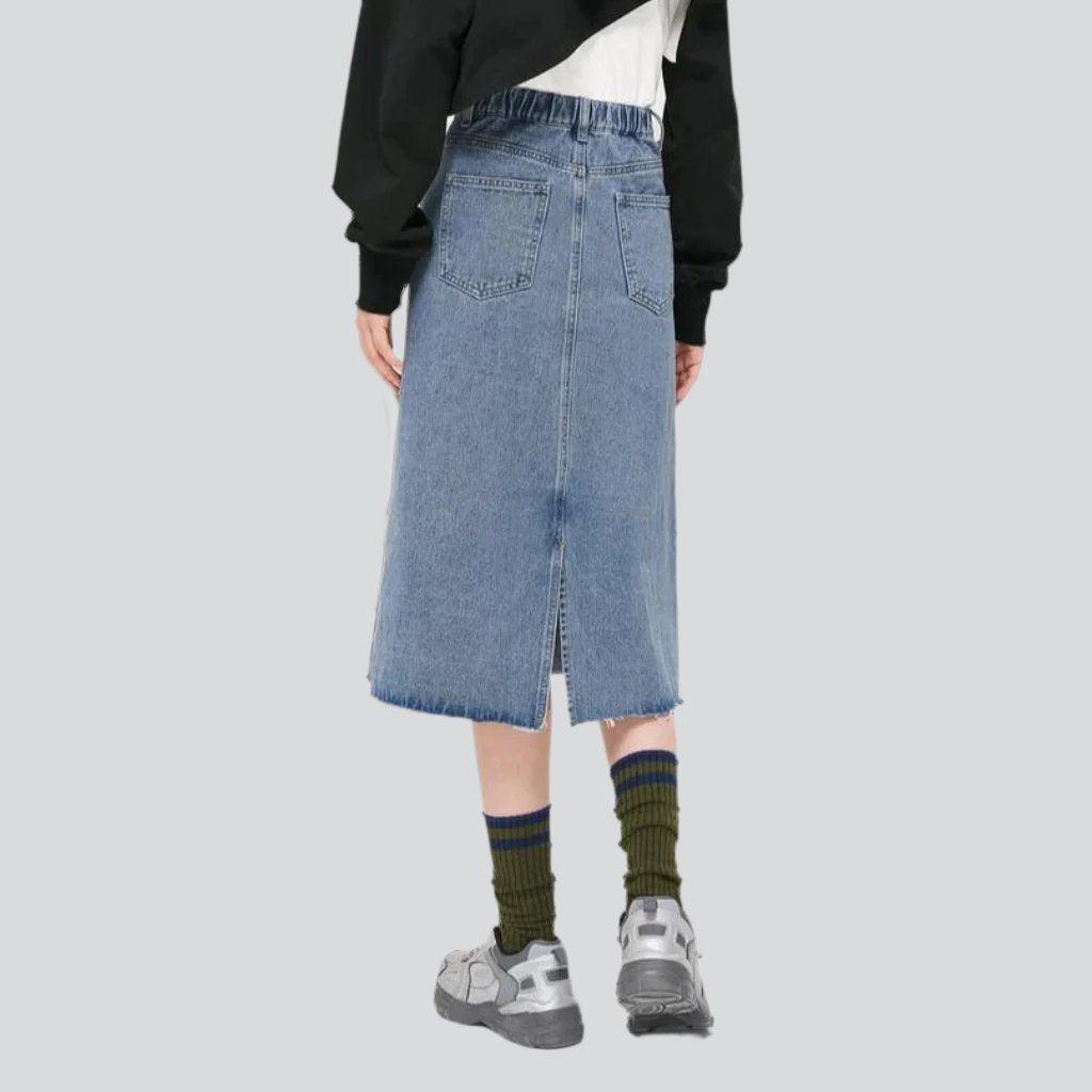 Panda embroidery midi denim skirt