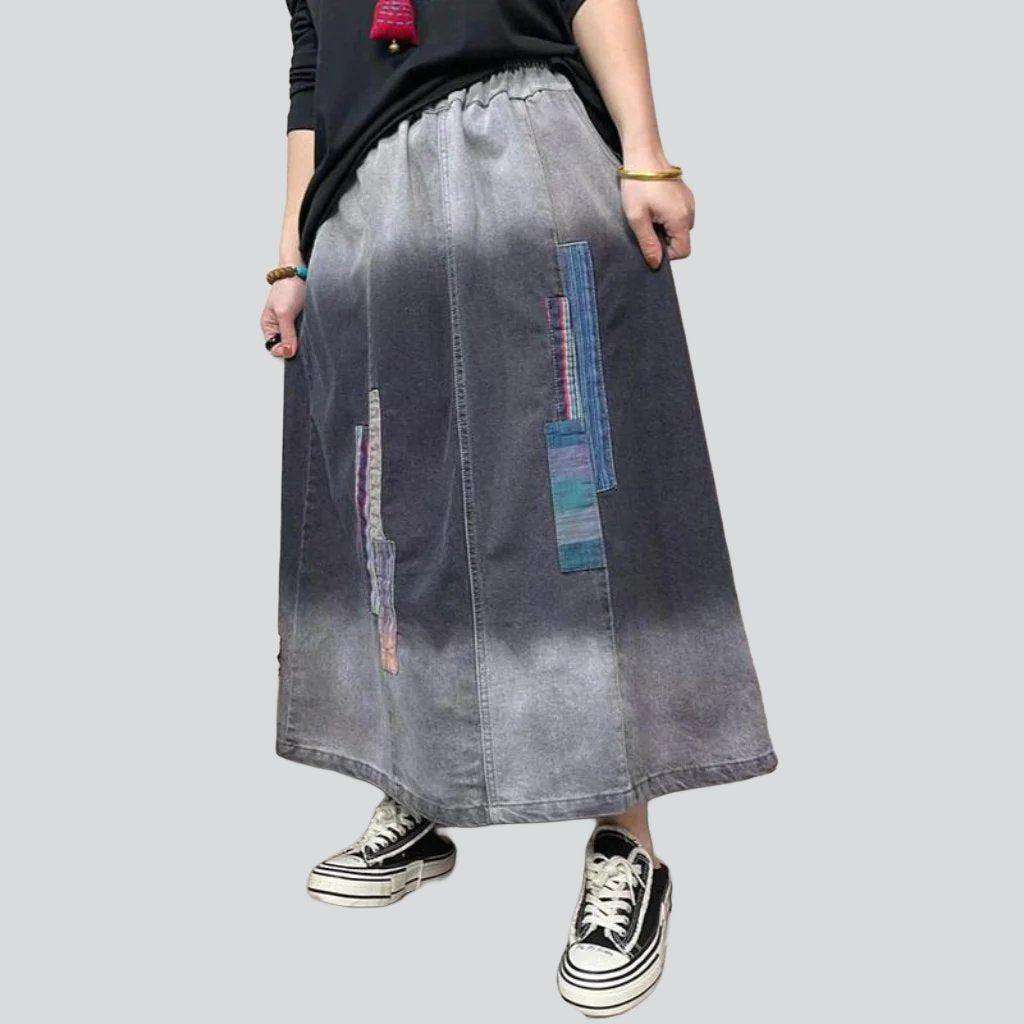 Dip-dyed patched long denim skirt