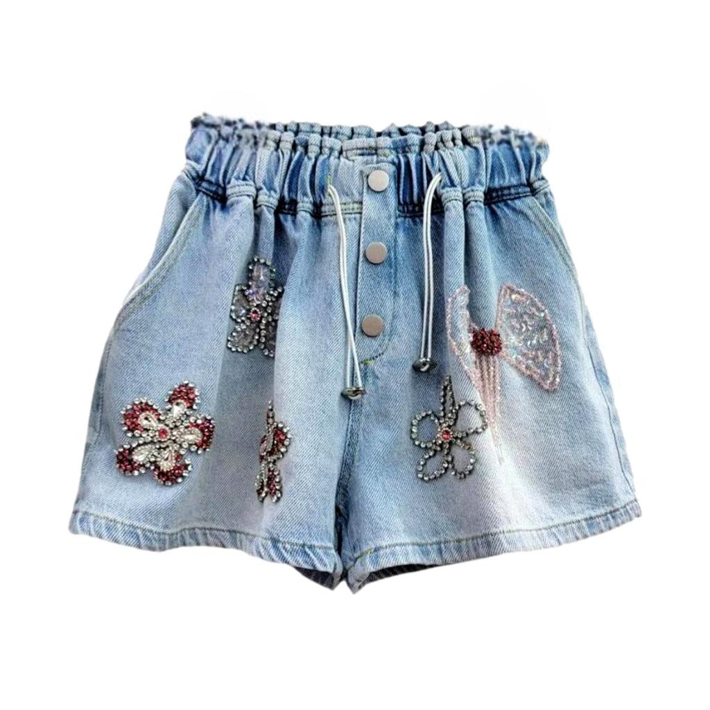 Shorts vaqueros adornados con flores de diamantes de imitación