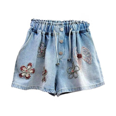 Rhinestone flower embellished denim shorts