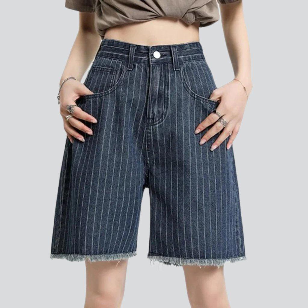 Striped cropped women denim shorts