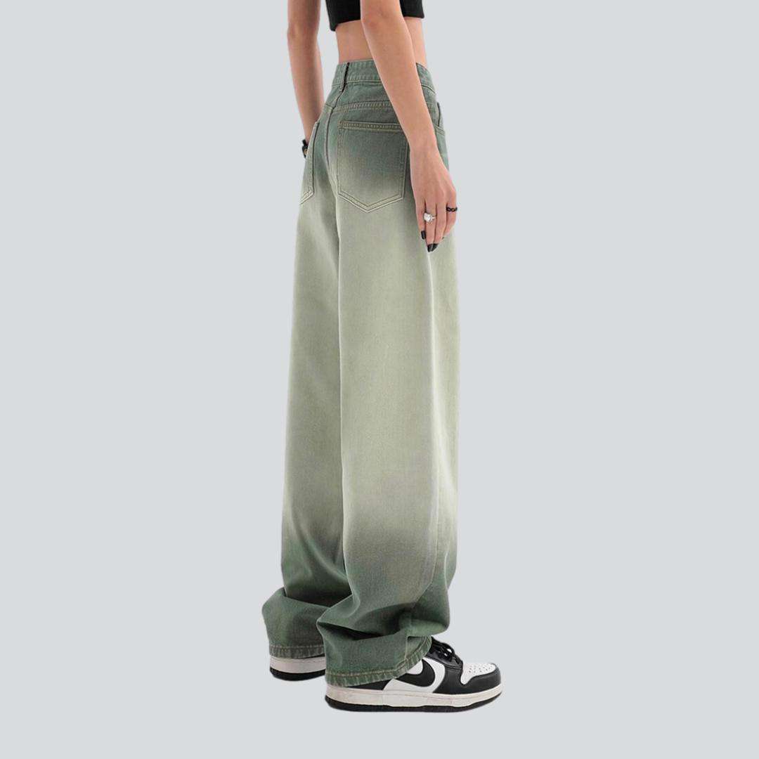 Contrast green women baggy jeans