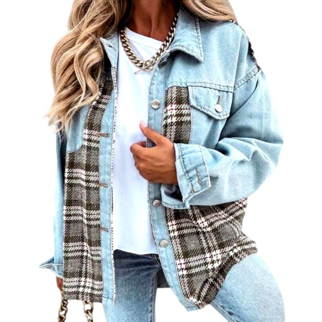 Checkered fashion denim jacket for ladies