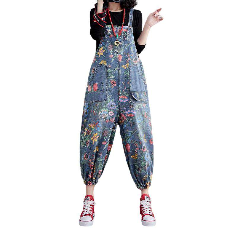 Flower print women denim jumpsuit