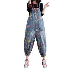 Flower print women denim jumpsuit