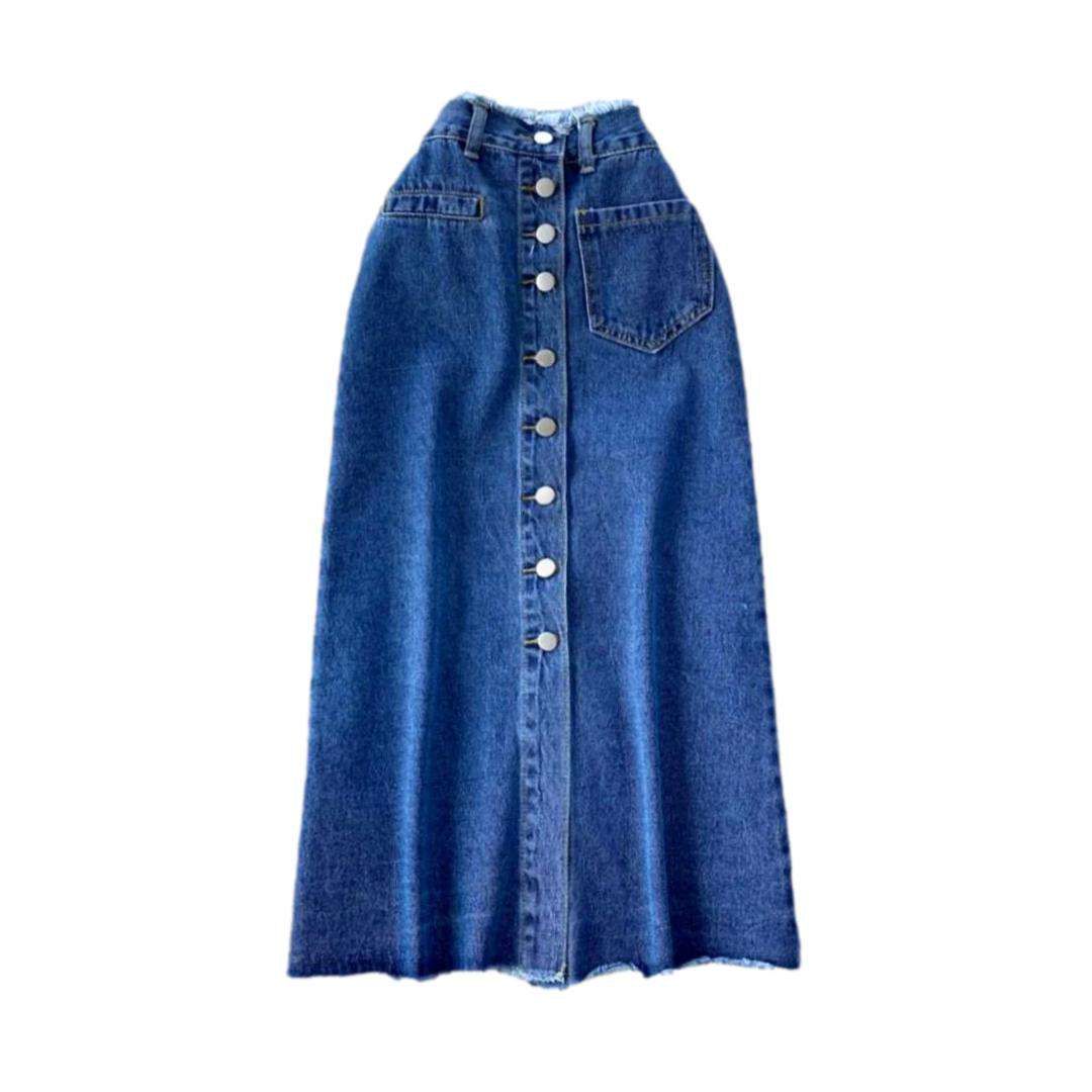 Frayed waistband buttoned denim skirt