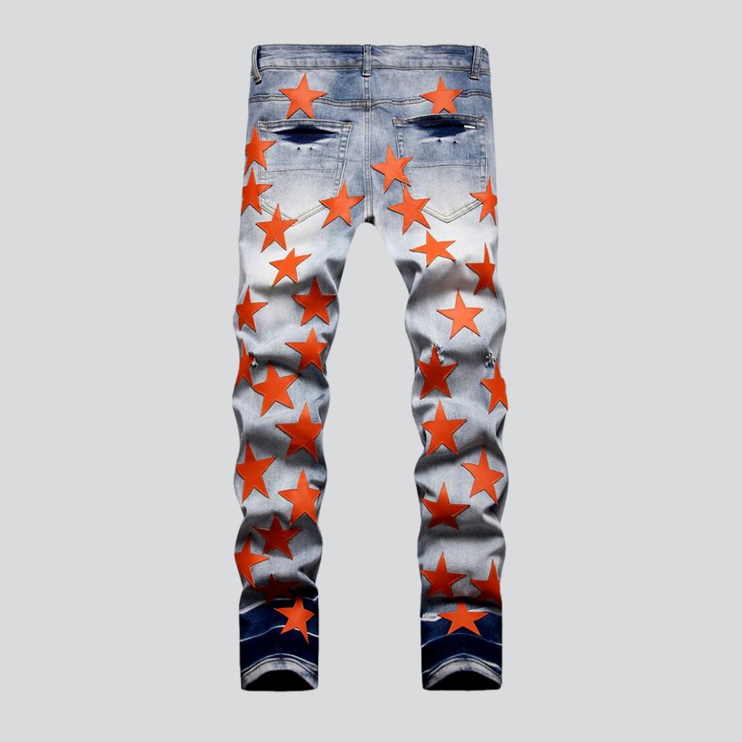 Orange stars embroidery men jeans