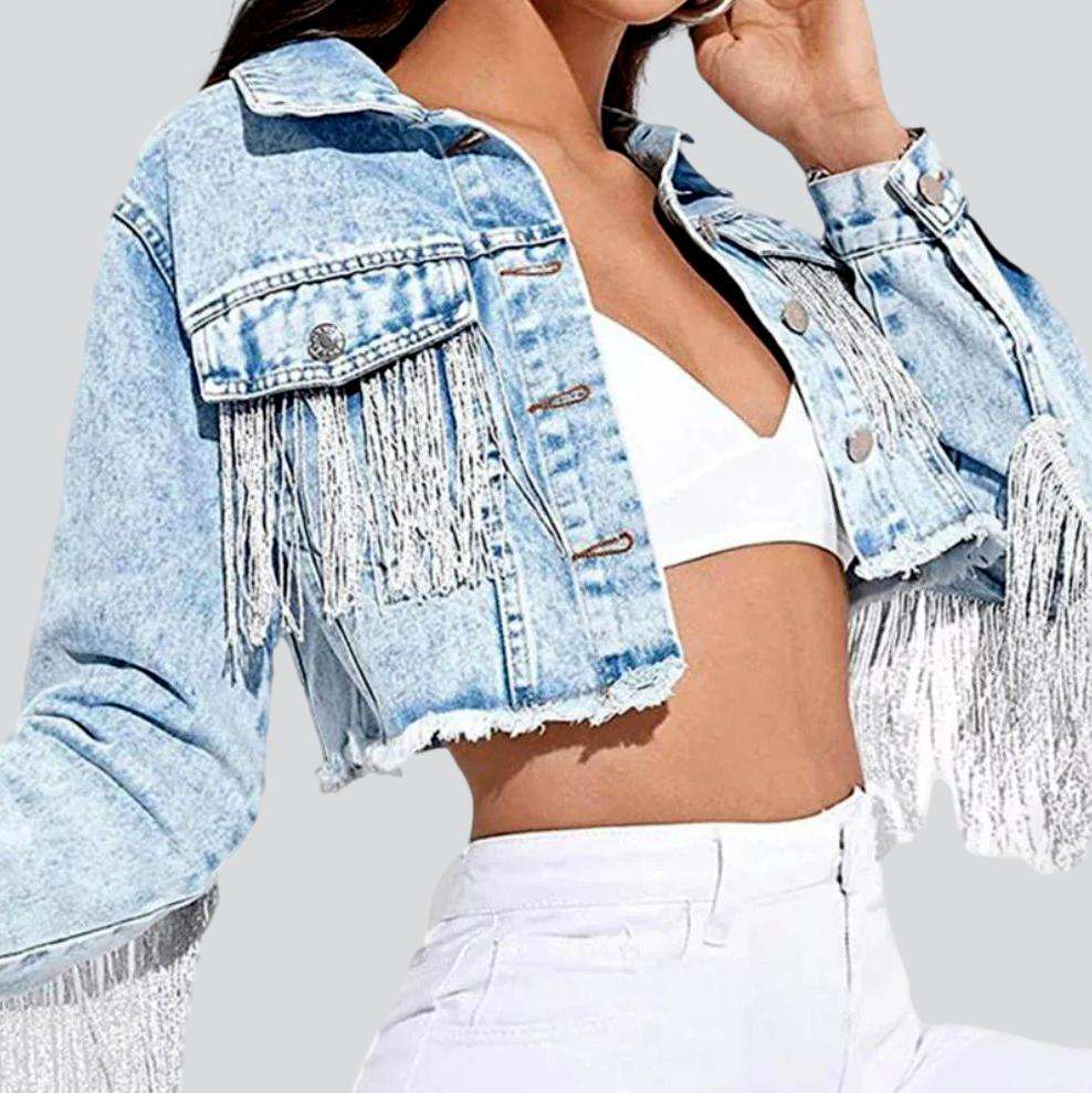 Fringe cropped women denim jacket