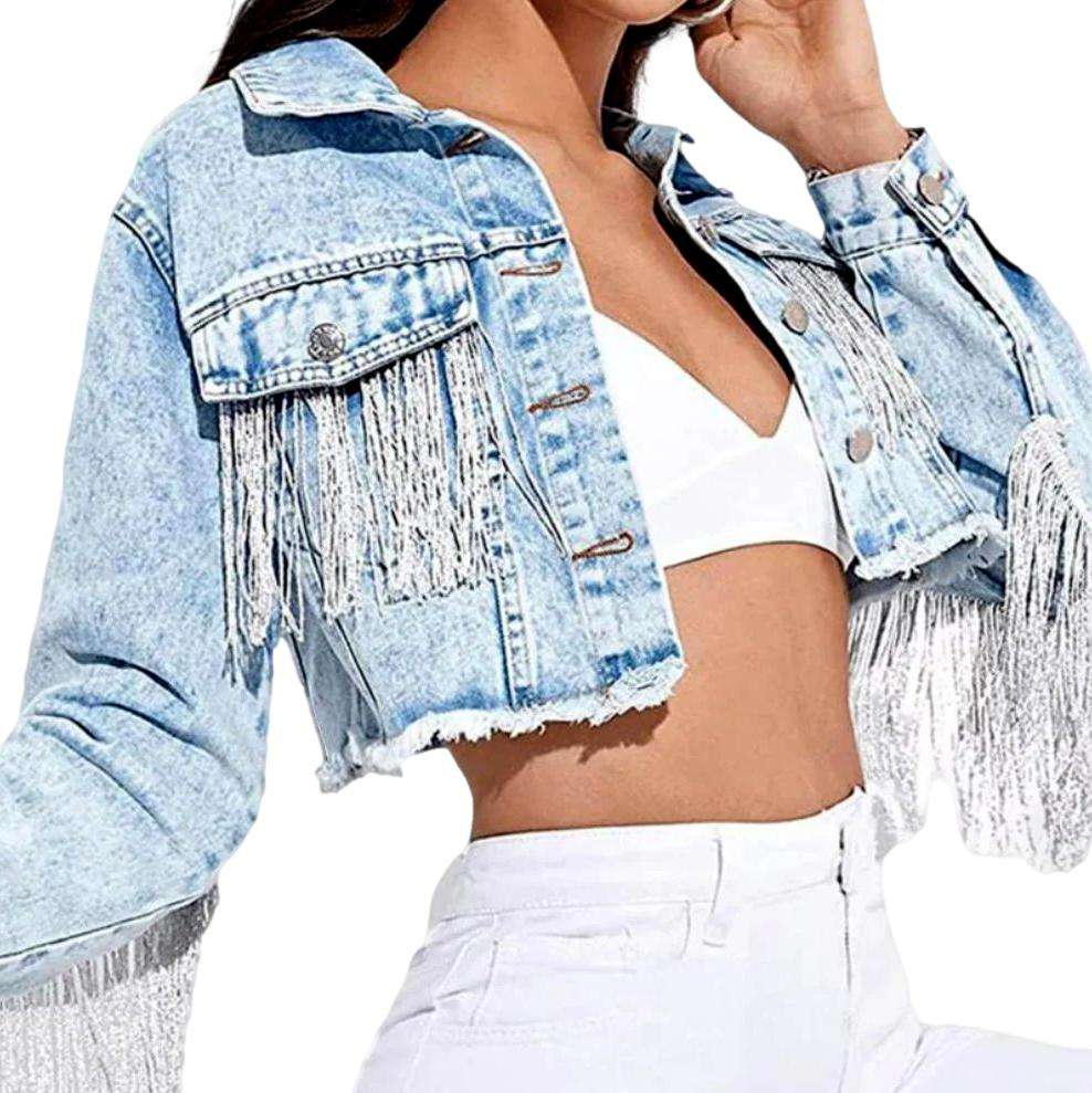 Fringe cropped women denim jacket