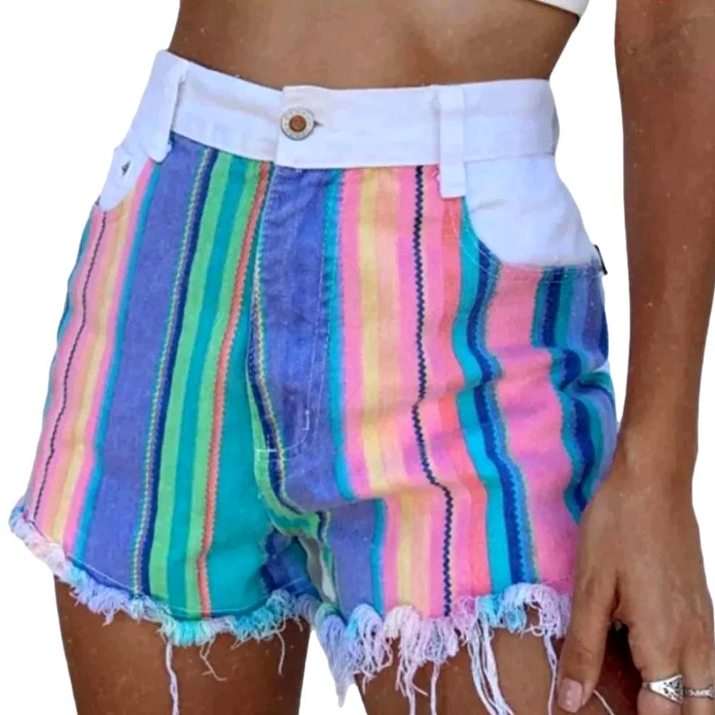 Neon-striped distressed denim shorts