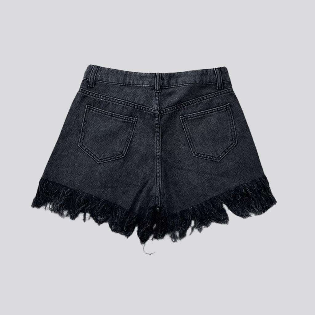 Fringe hem rhinestone denim shorts