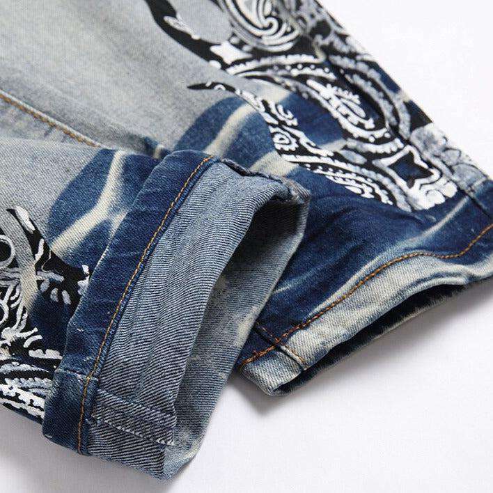 Flame print distressed men jeans