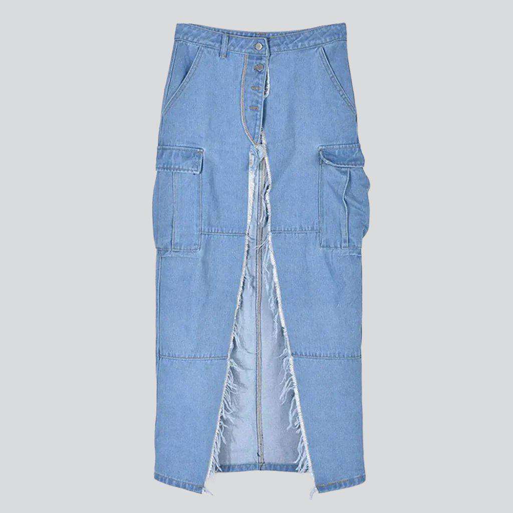 Distressed high slit denim skirt